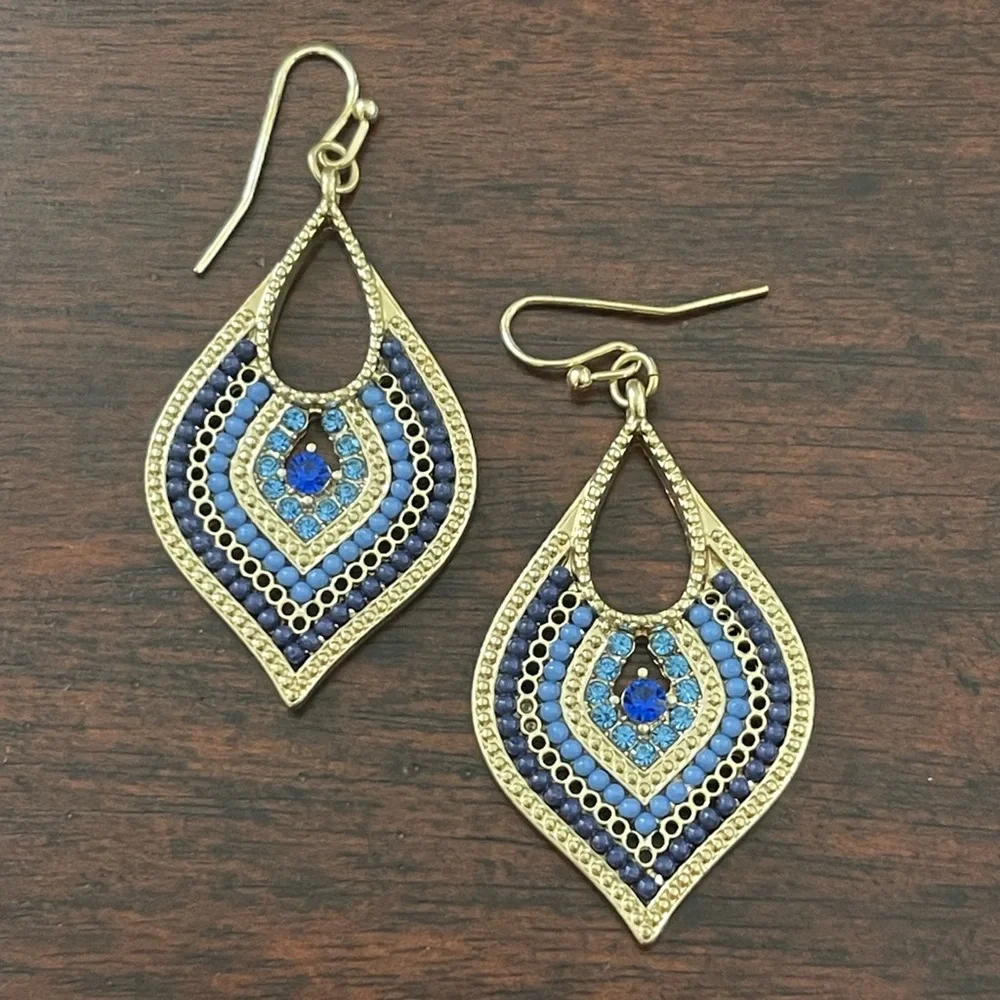 Ward off evil eye blue crystal bead gold tone drop earrings - Picture 3 of 4